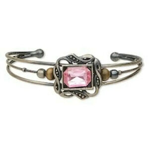 Antiqued Silver Steel Pink Faceted Glass Rhinestone Beaded Wire Cuff Bracelet